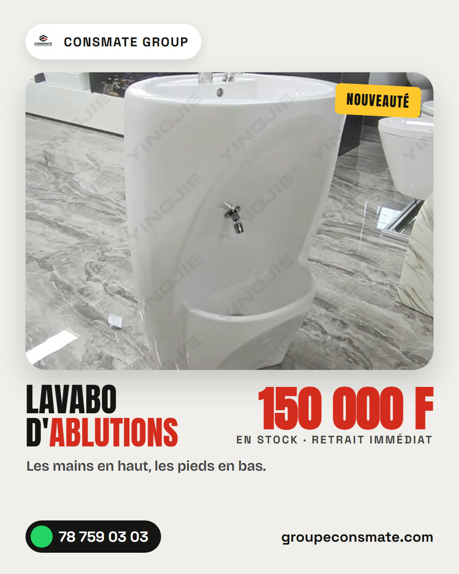 Nouveauté : lavabo d’ablutions monobloc sur pied, lave-mains et lave-pieds, 150 000 FCFA