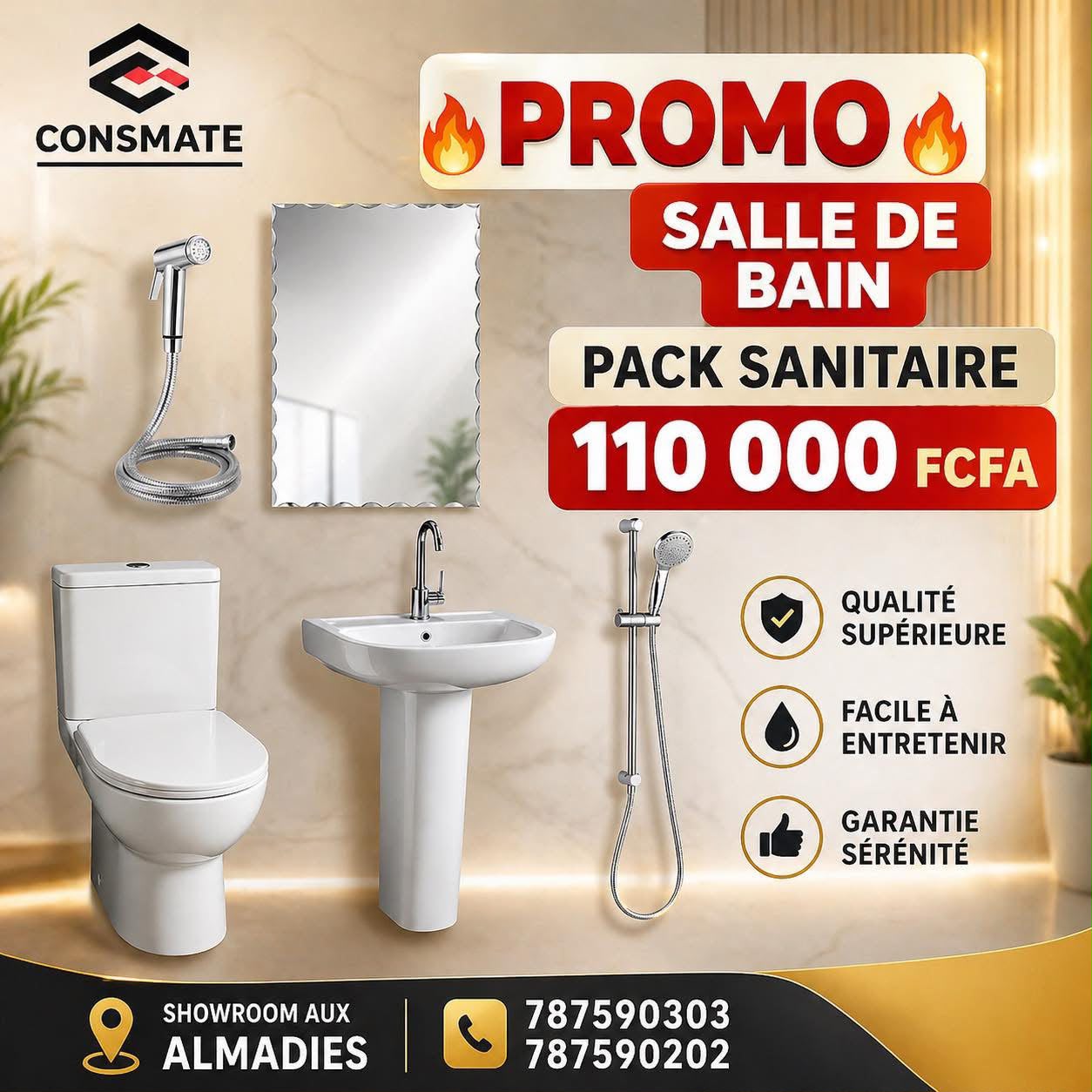 Promotion pack sanitaire complet (WC, lavabo, colonne de douche) à 110 000 FCFA